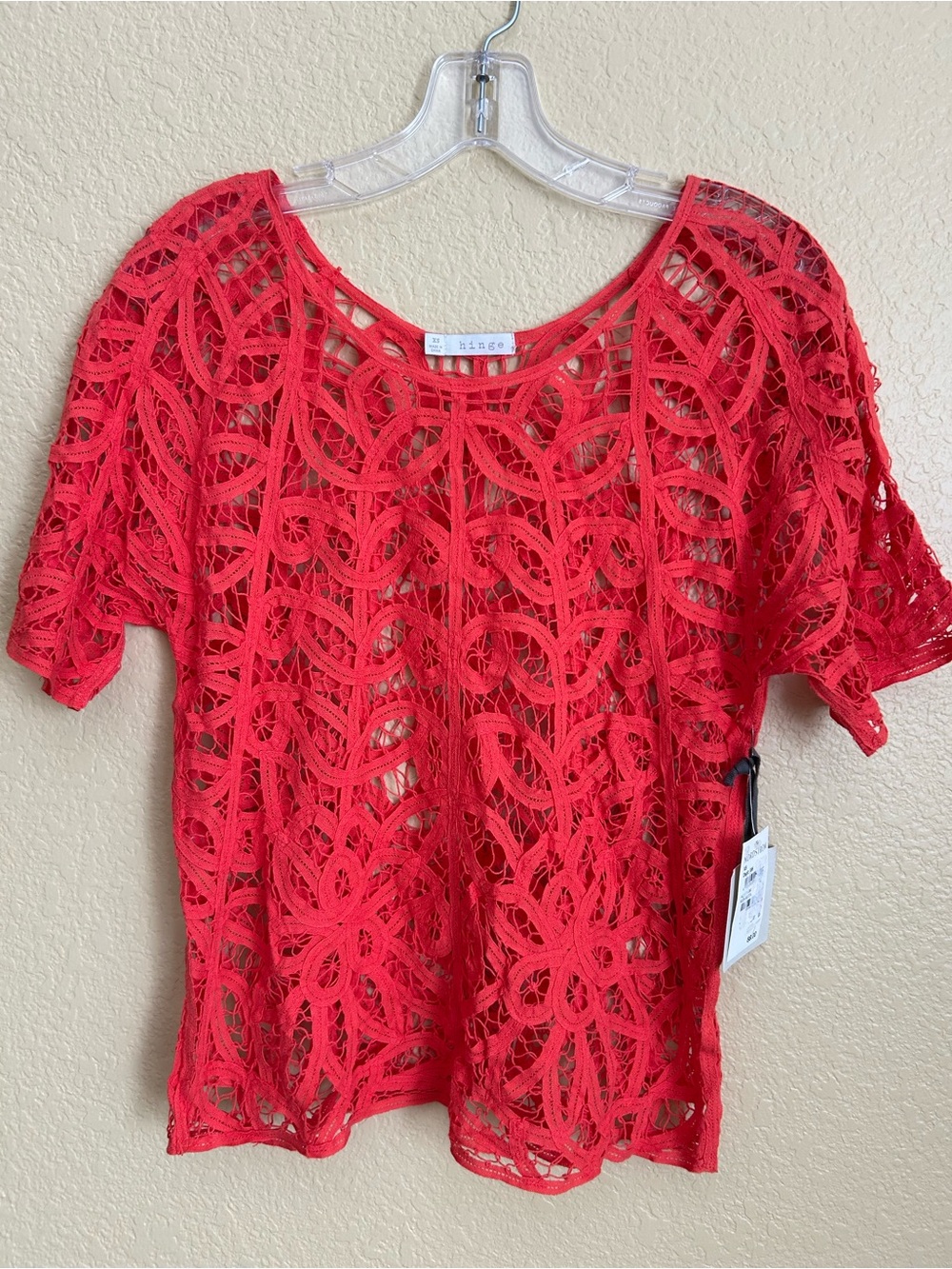 Hinge Open Weave Short Sleeve Orange Top